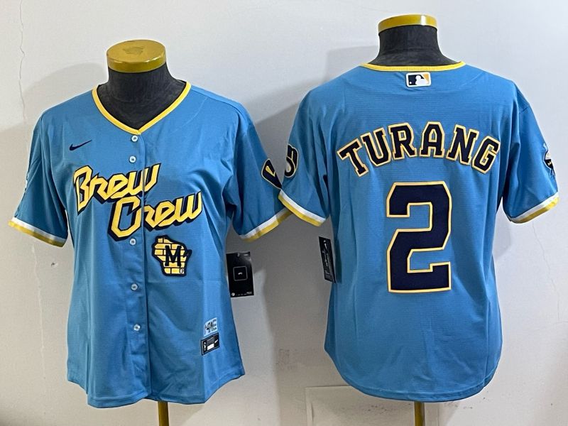 Youth 2025 Milwaukee Brewers #2 Turang Light blue City Edition Nike MLB Jersey 06
